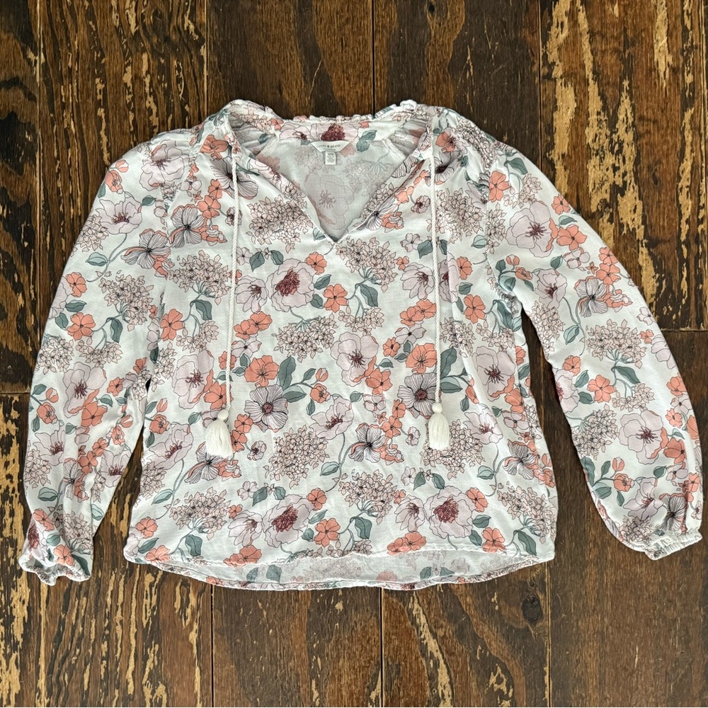 Lucky Brand Medium Long Sleeve Floral Tassel Blouse